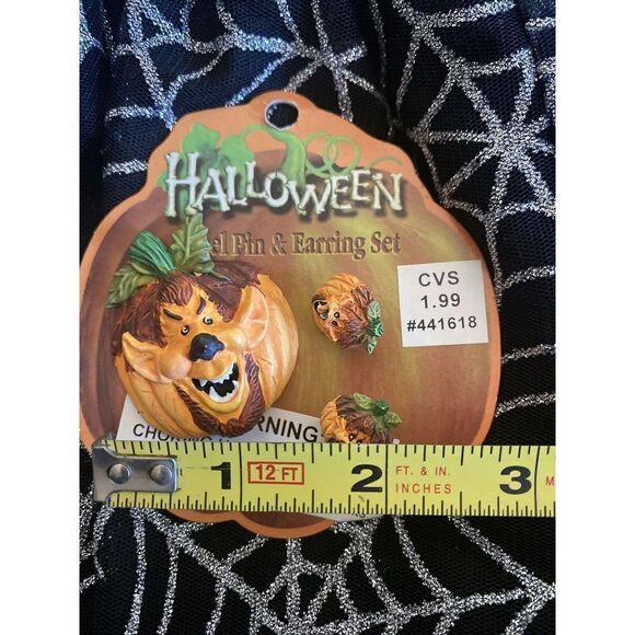 Vintage CVS Scary Pumpkins Halloween Lapel Pin & Earrings Fall Whimsical Patch  - Picture 3 of 4
